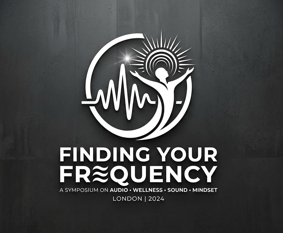 Finding Your Frequency official artwork: a figure, sound wave and radiating circles; A symposium on audio, wellness, sound and mindset; London 2024