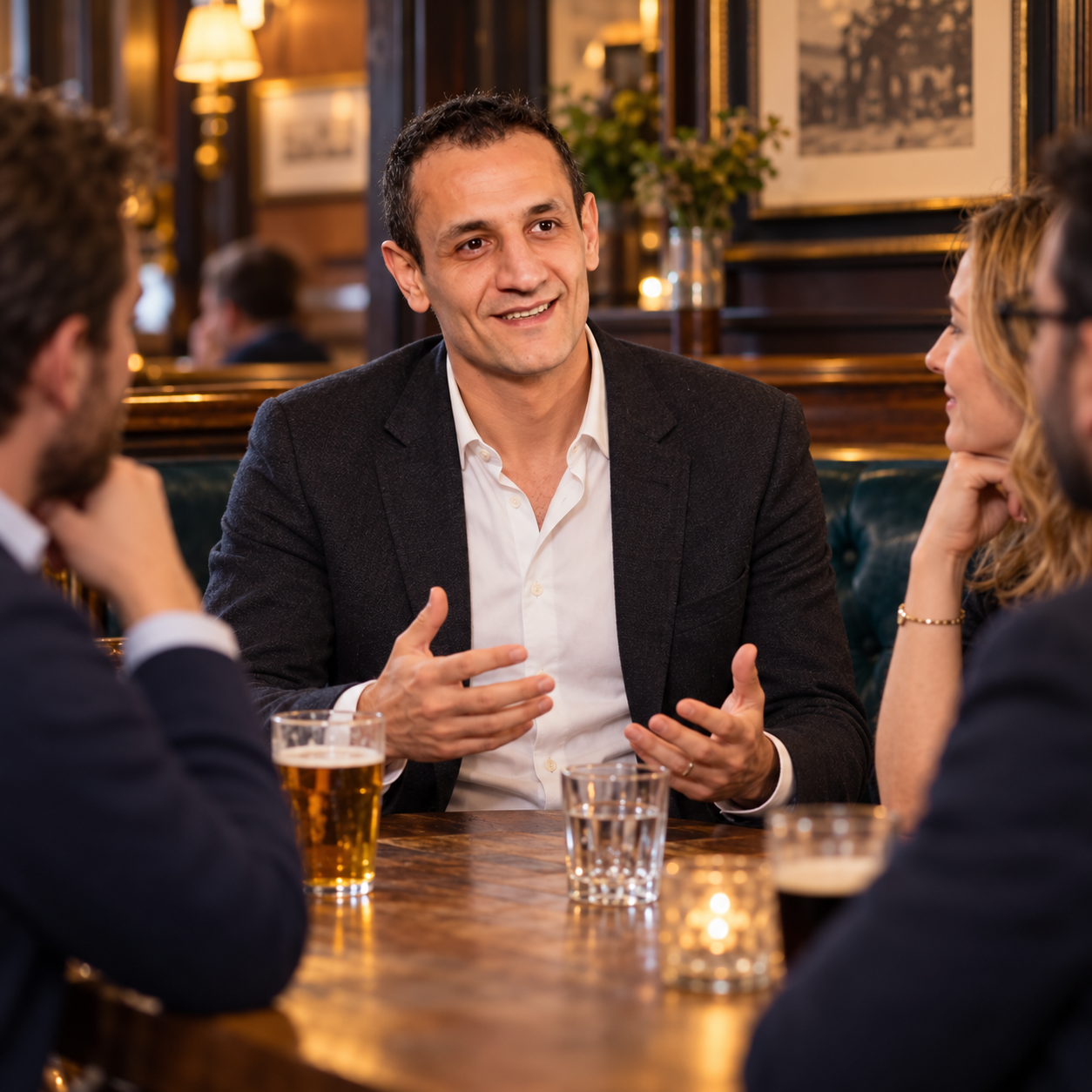 Hakan Nurhak sharing a conversation around a pub table