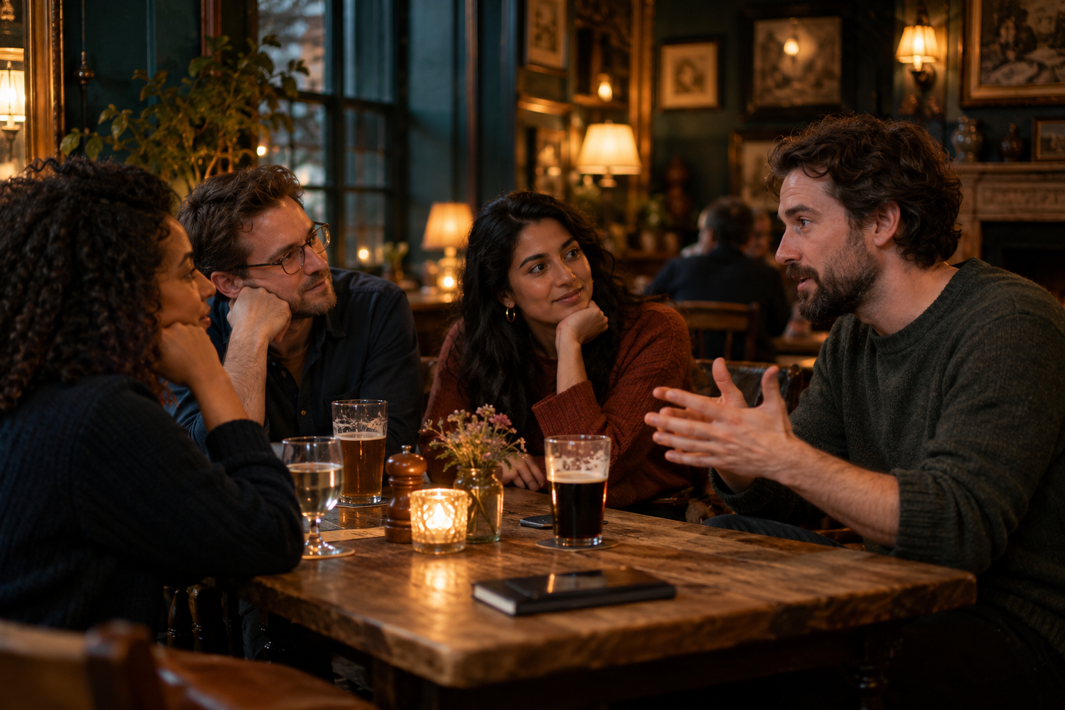People sharing a thoughtful conversation around a warmly lit pub table